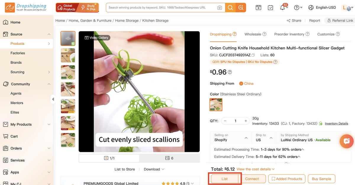 List product on CJ Dropshipping to import to Shopify