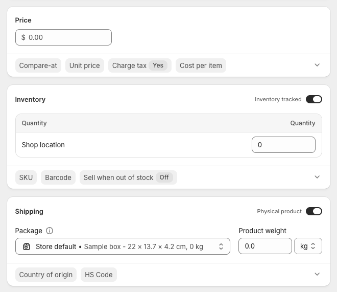 Set pricing, inventory and shipping when adding products to Shopify manually