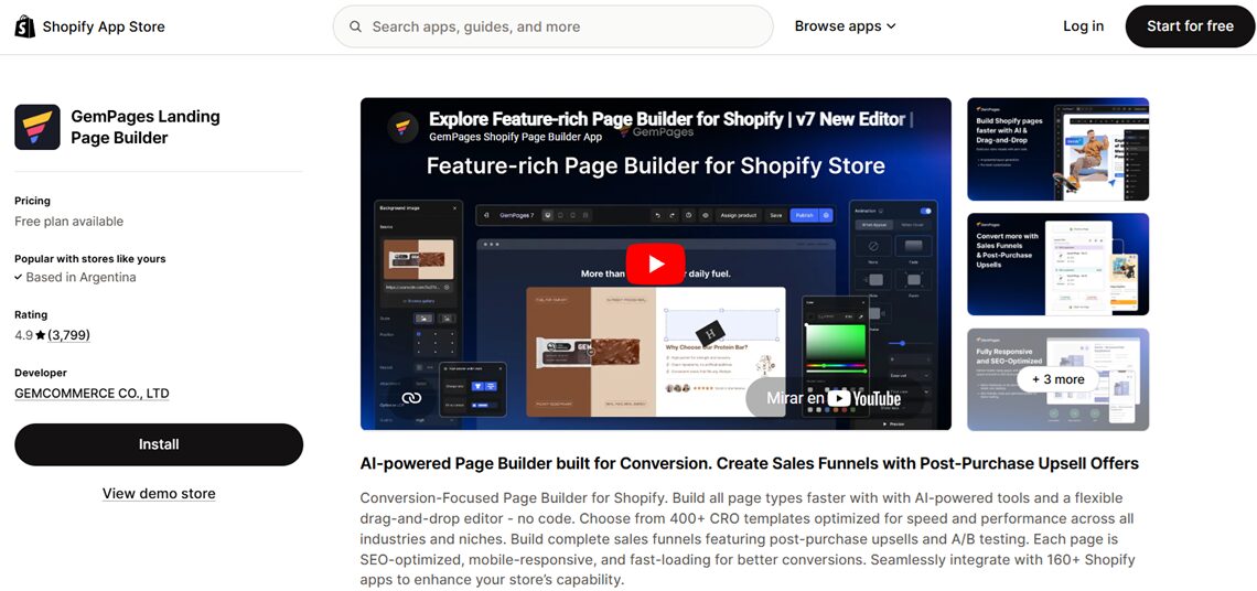 GemPages Shopify free app for page design