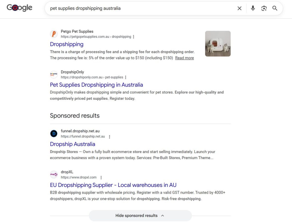 Google Search for Australian Dropshipping Suppliers
