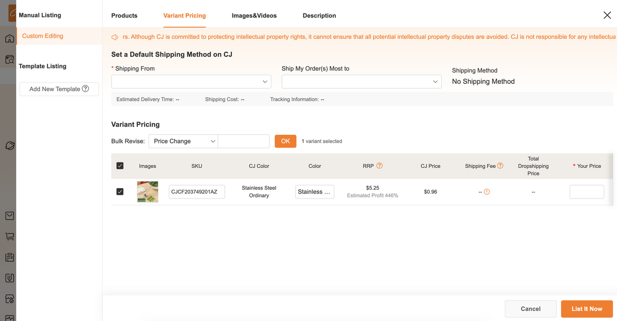 Edit product details on CJ Dropshipping to import to Shopify