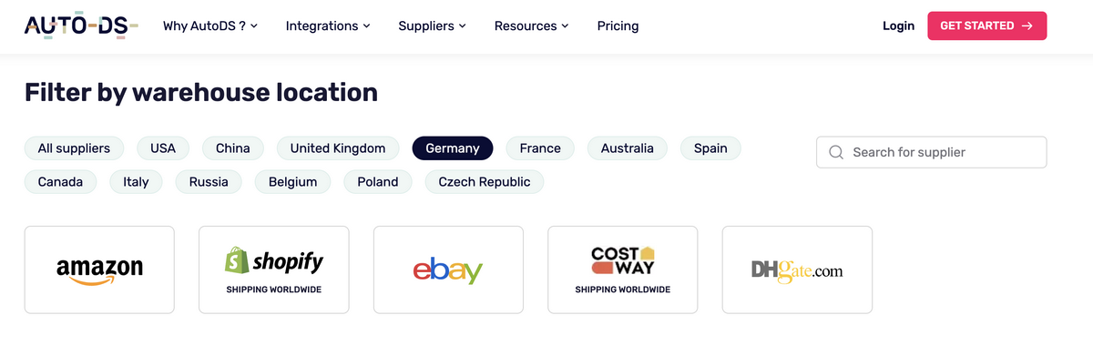 AutoDS's supported suppliers for Germany for Dropshipping in Germany