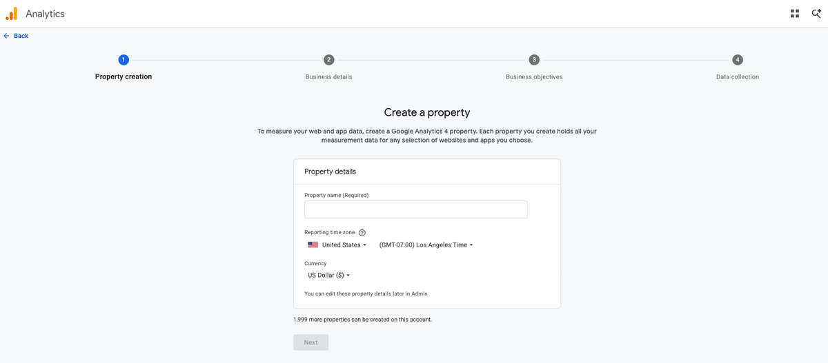 Create propery on Google Analytics 4 for Shopify Analytics