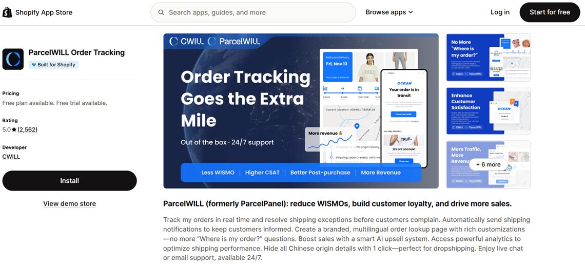 ParcelWill Shopify free app for order tracking dropshipping