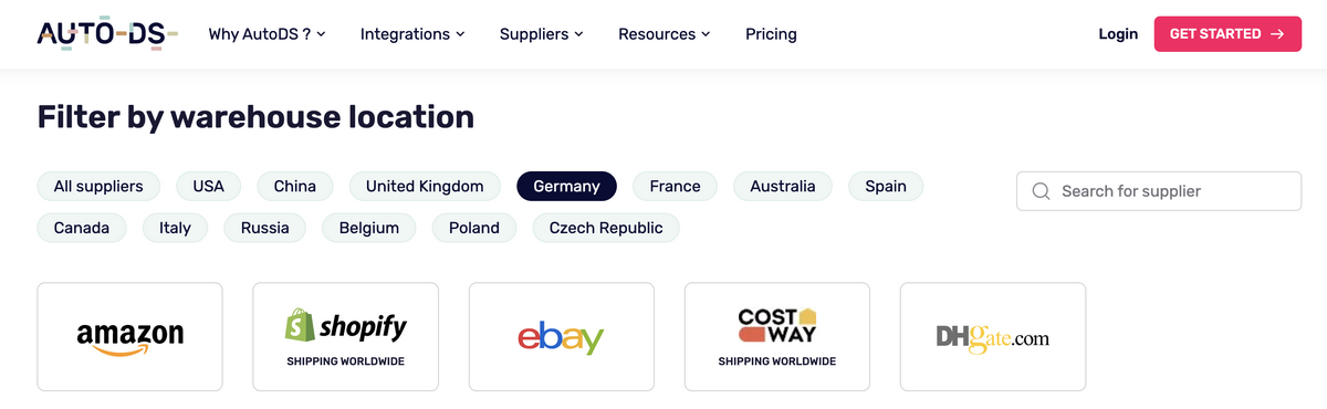 AutoDS's supported suppliers for top dropshipping stores in Germany