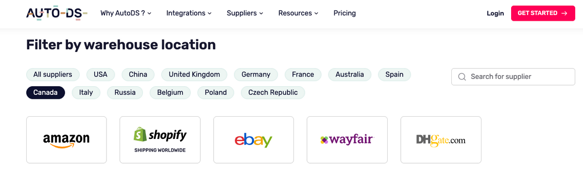 AutoDS's supported dropshipping suppliers in Canada
