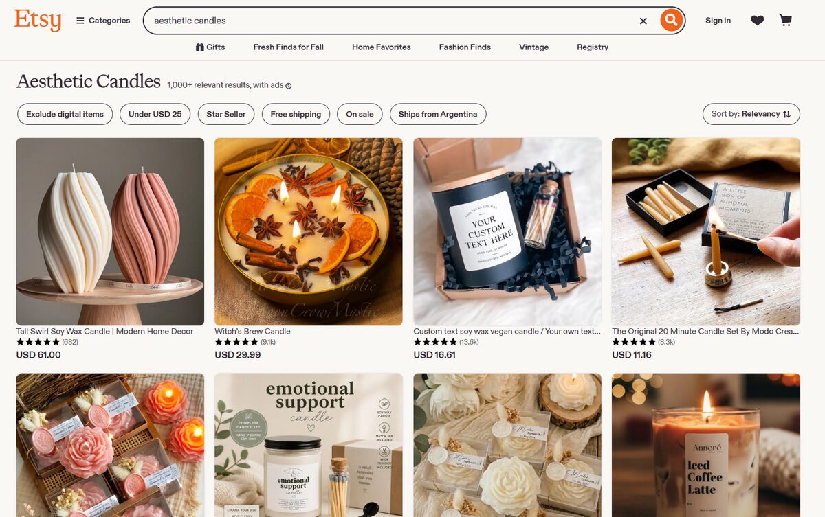 Decorative Aesthetic Candles from Etsy