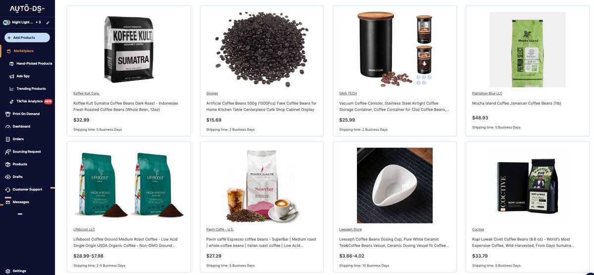 AutoDS Marketplace's coffee products for dropshipping