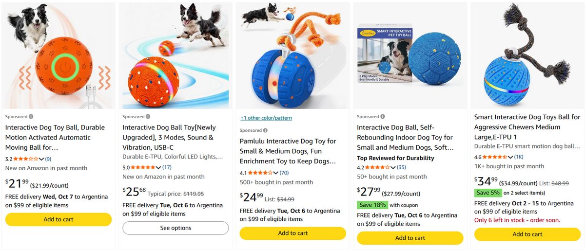 Amazon listings for interactive pet toys with different features and prices
