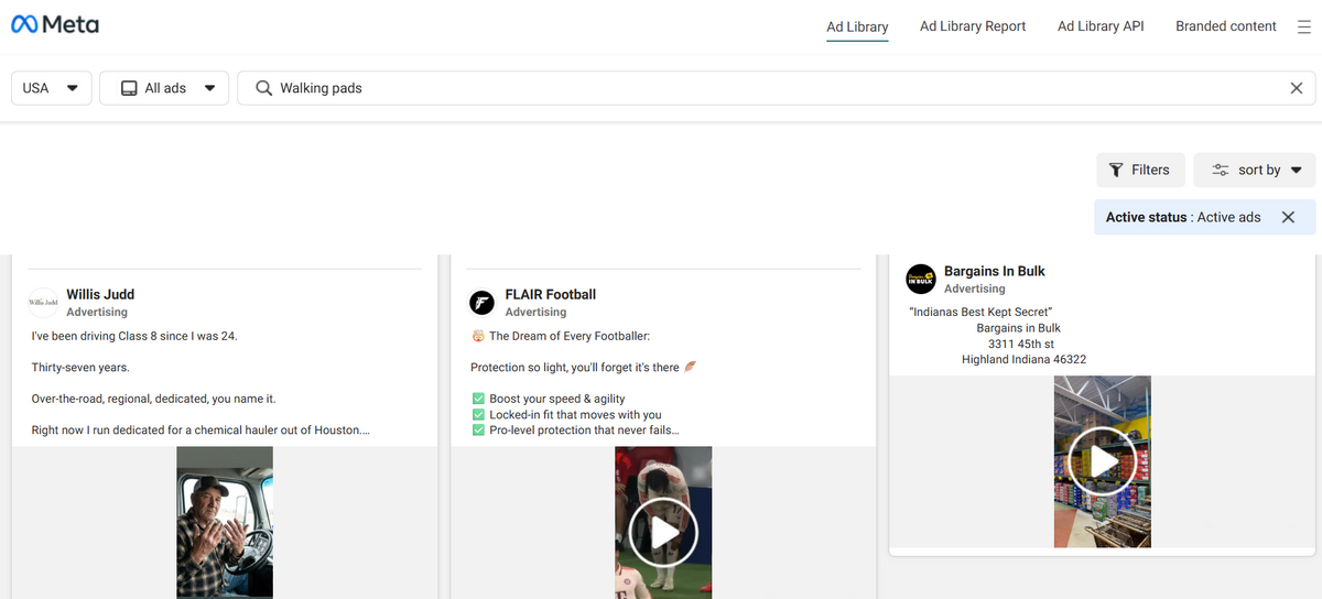 Meta Ad Library search results showing active ads for a keyword