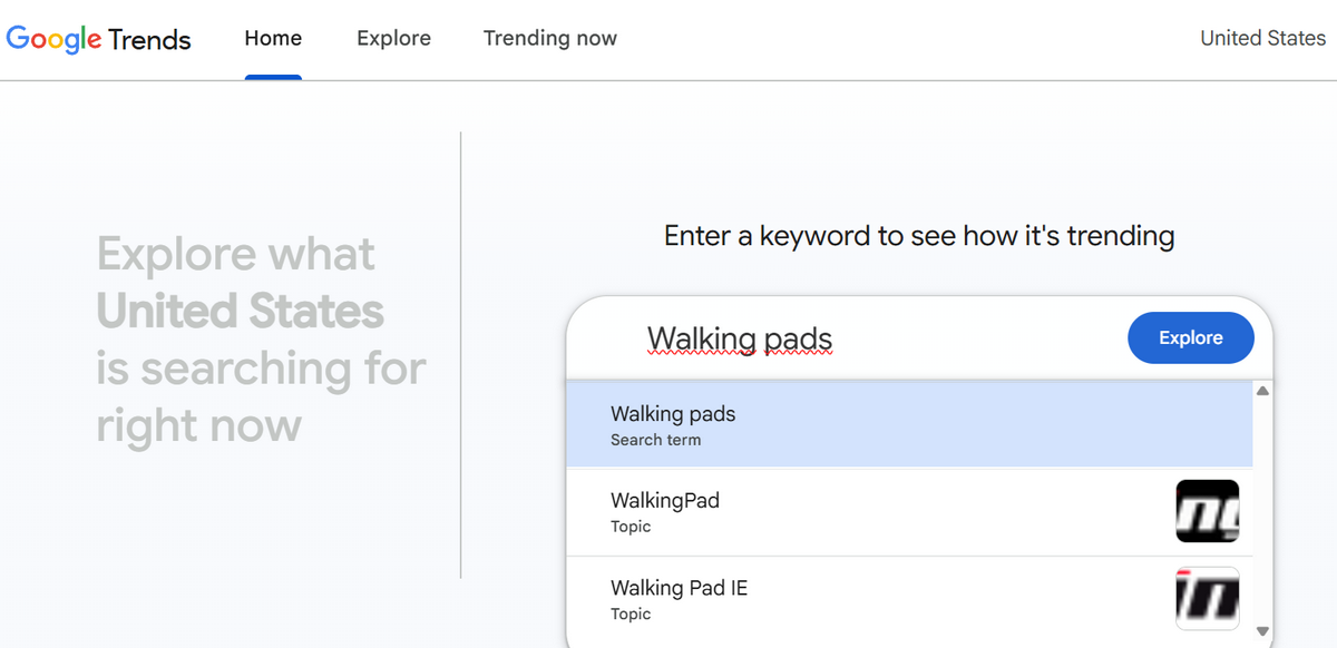 oogle Trends search bar with “walking pads” entered for product trend research