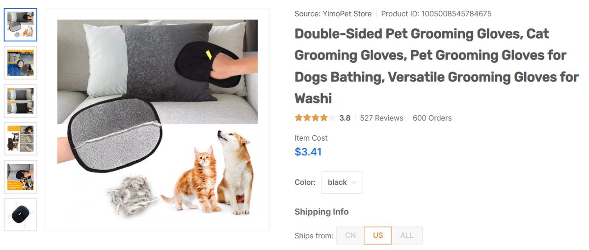 AutoDS product page of pet grooming gloves for removing loose hair from cats and dogs