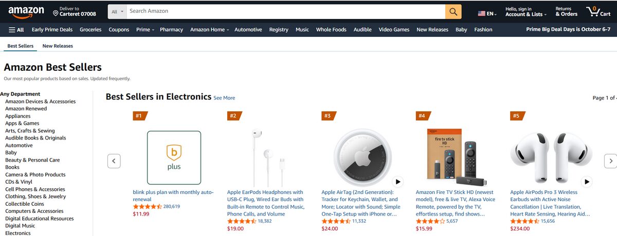 Amazon Best Sellers page displaying top-selling products and their rankings
