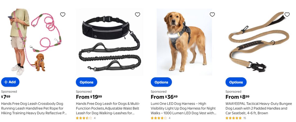 Walmart listings for dog leashes and harnesses for walking and outdoor activities