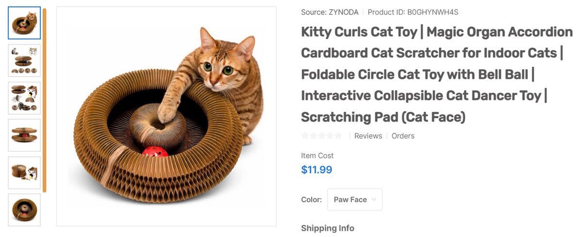 AutoDS product page of an interactive cardboard cat scratcher