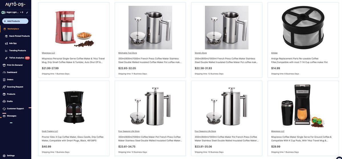 Coffee accessories and gadgets on the AutoDS Marketplace to build a coffee dropshipping business