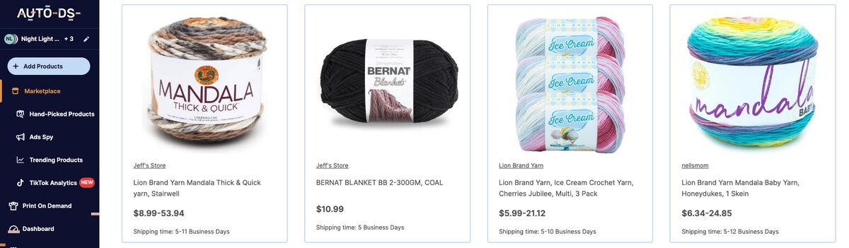 Yarn & fiber on the AutoDS marketplace, one of the best craft supplies for dropshipping