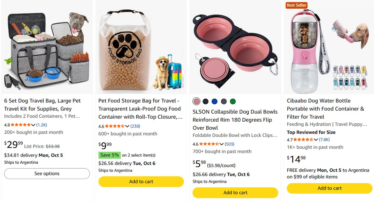 Amazon listings for dog travel gear