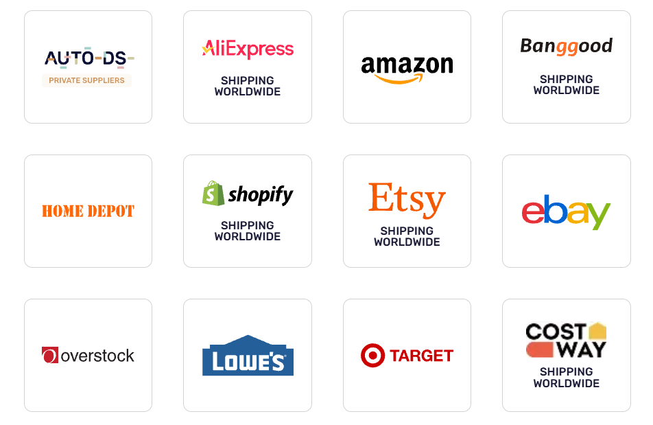 AutoDS list of supplier network featuring multiple marketplaces