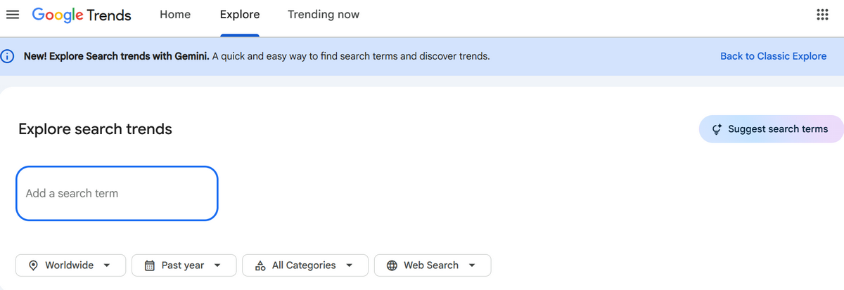 Google Trends Explore page for researching product search demand and trends