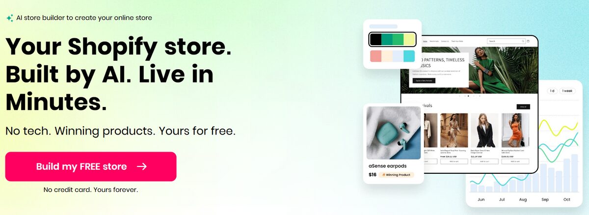 BuildYourStore homepage with example of the AI store builder creating a Shopify storefront