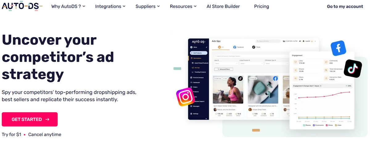 AutoDS Ads Spy tool for researching competitors’ dropshipping ads and engagement data.