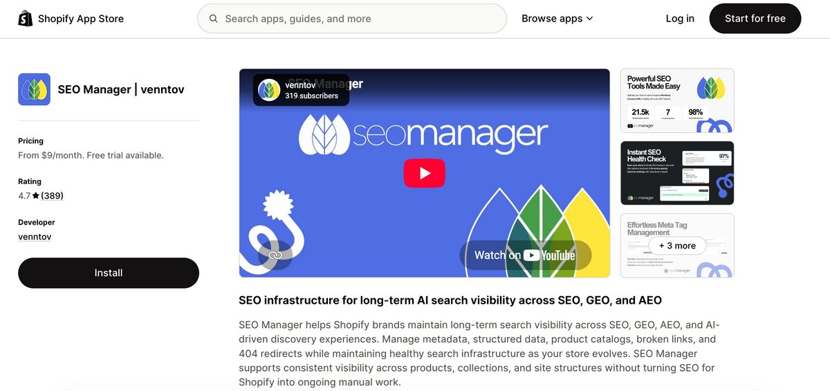 SEO Manager by Venntov Shopify App