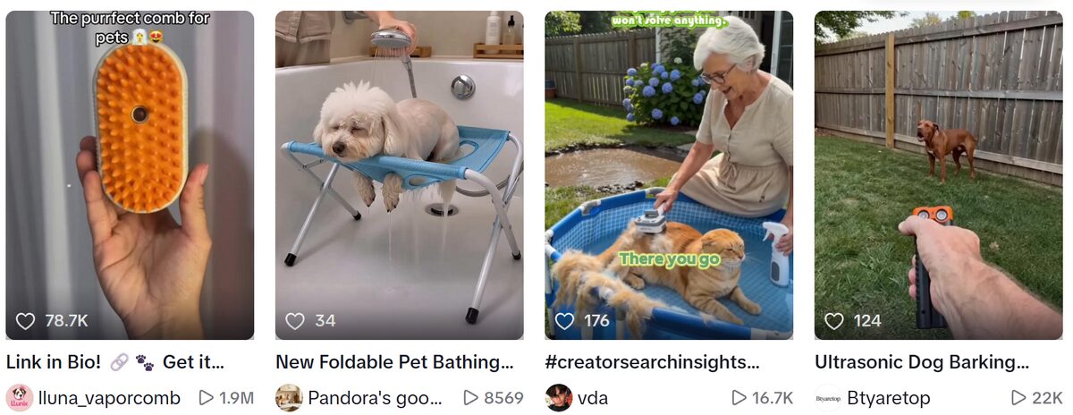TikTok pet product videos list featuring grooming pet supplies