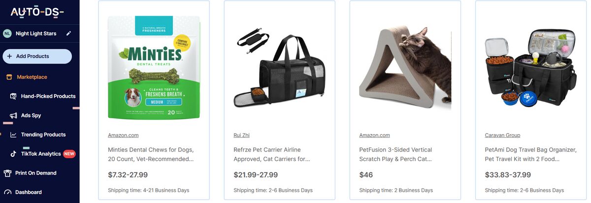 AutoDS marketplace displaying pet supplies from multiple dropshipping suppliers