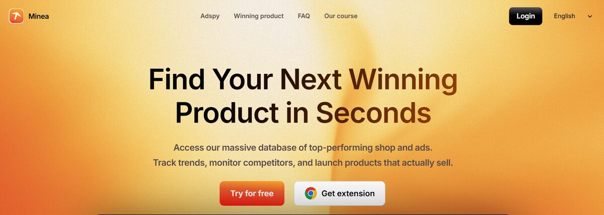 Minea homepage of ads spy and product research platform