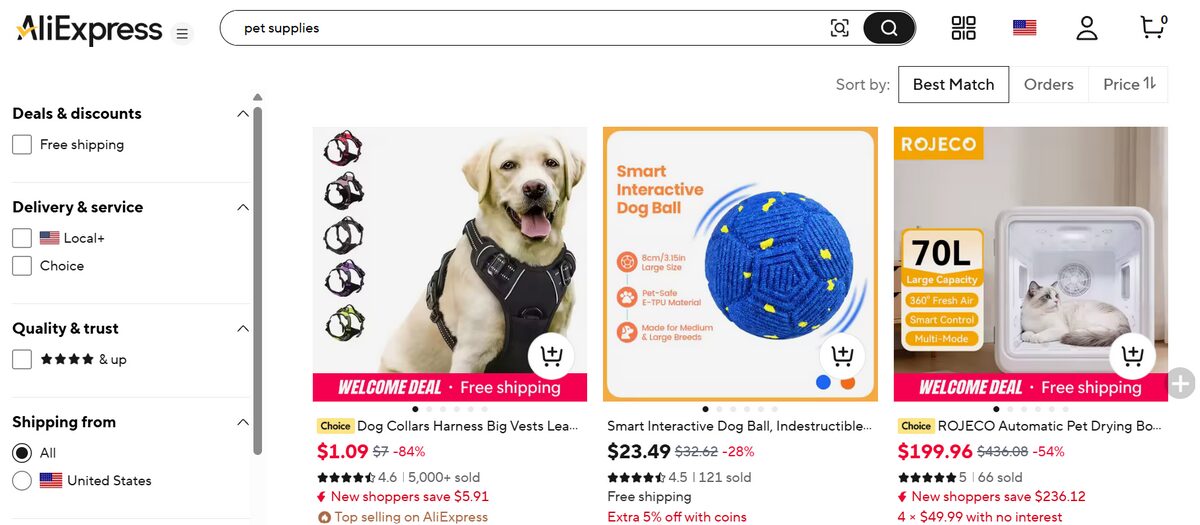 AliExpress pet supplies search results featuring a dog harness, interactive toy, and pet dryer