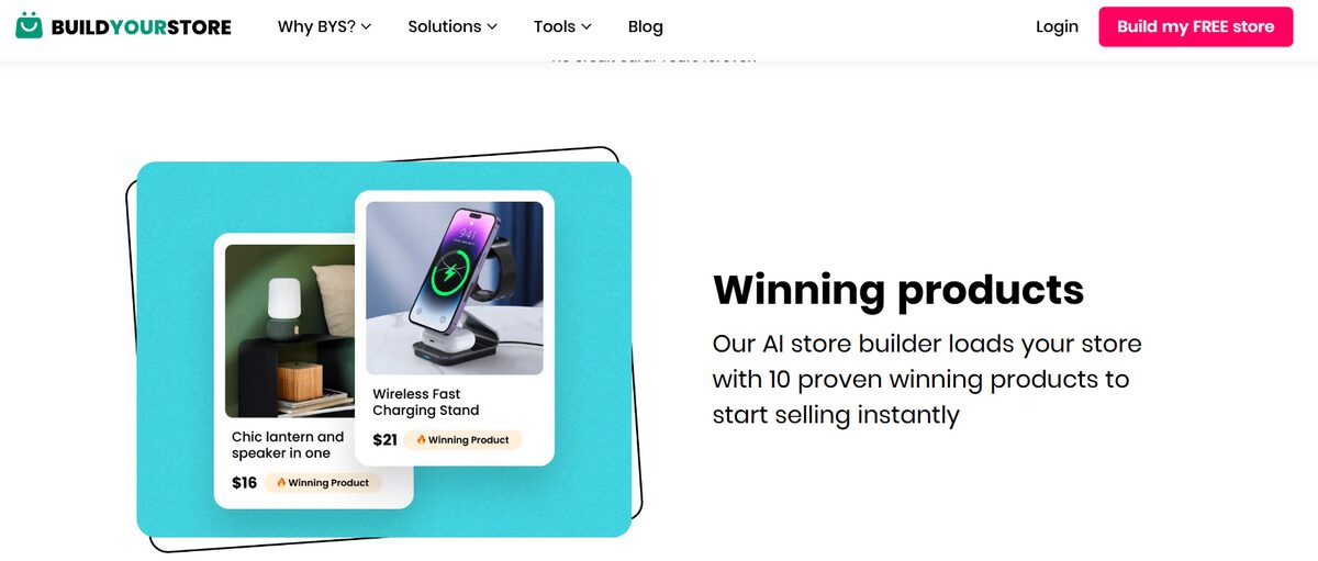 BuildYourStore AI store builder featuring winning products selected for an online store