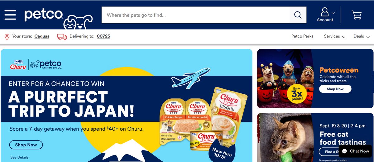 Petco online store featuring pet food, seasonal products, and pet supplies