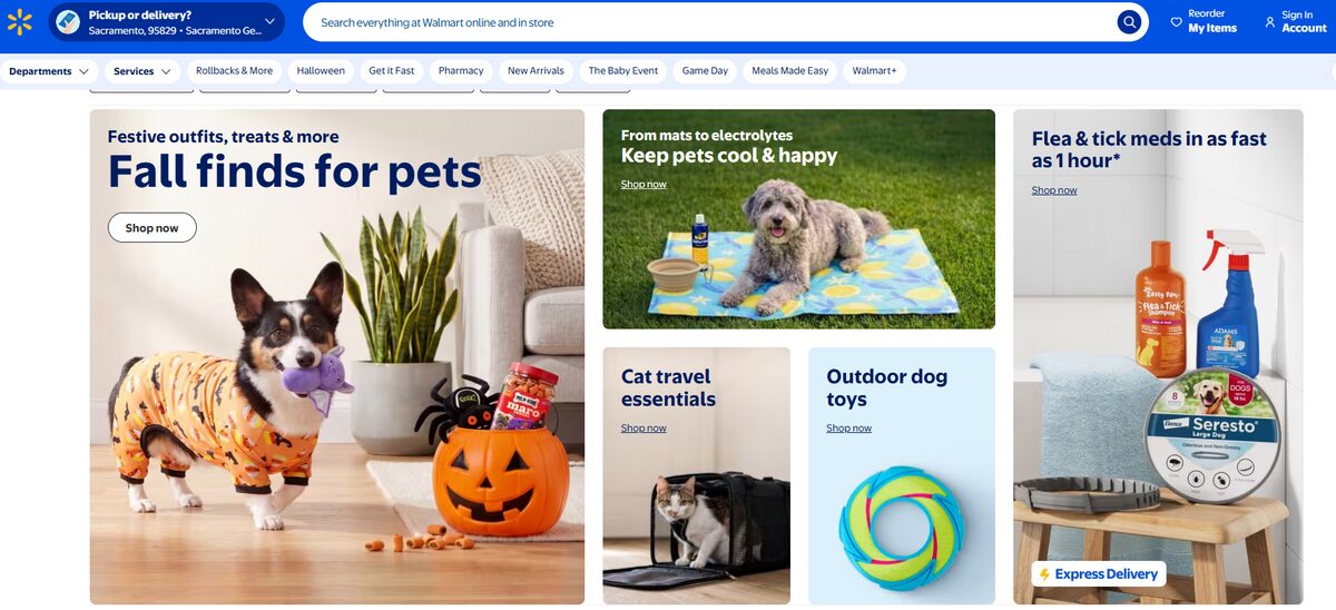 Walmart pet supplies page featuring multiple product categories