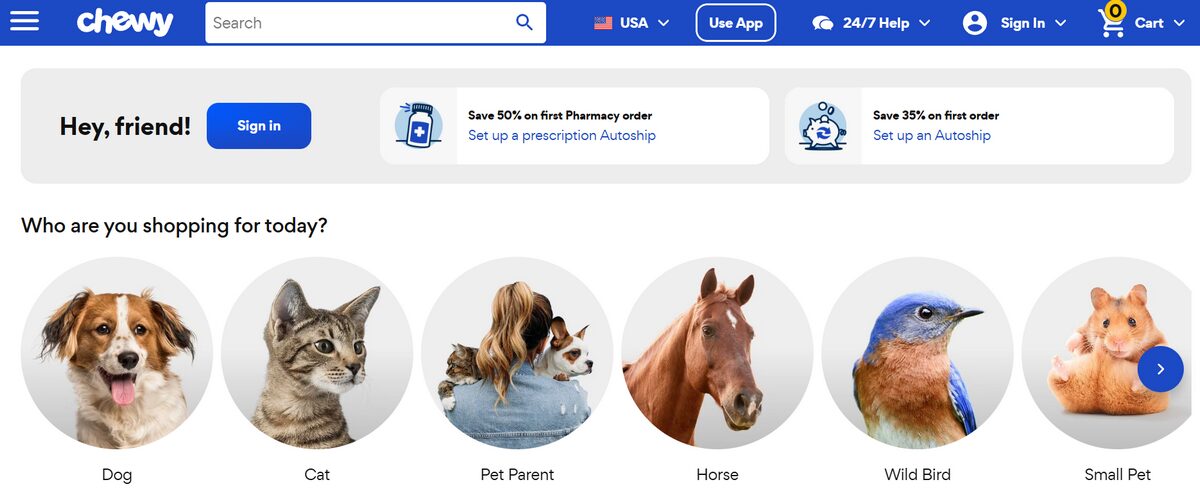 Chewy pet supplies website with shopping categories for pets