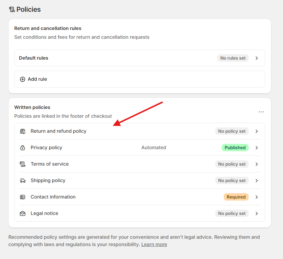 Screenshot of Shopify's settings