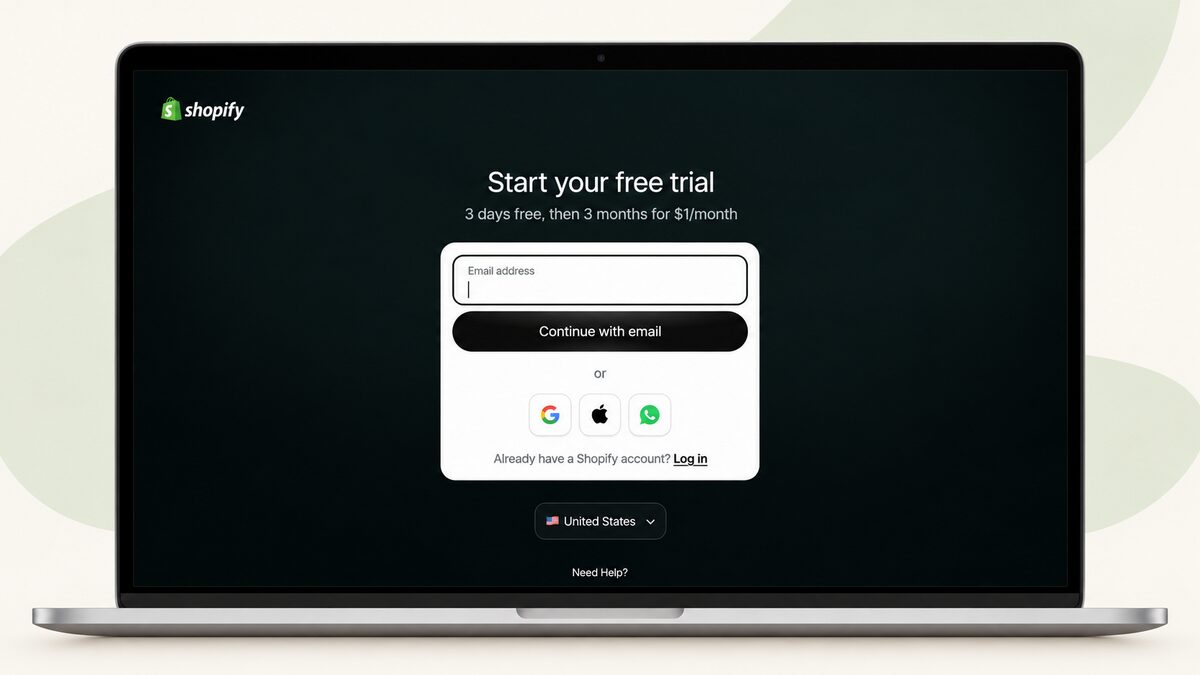 Shopify signup page offering a three-day free trial followed by three months at $1 per month