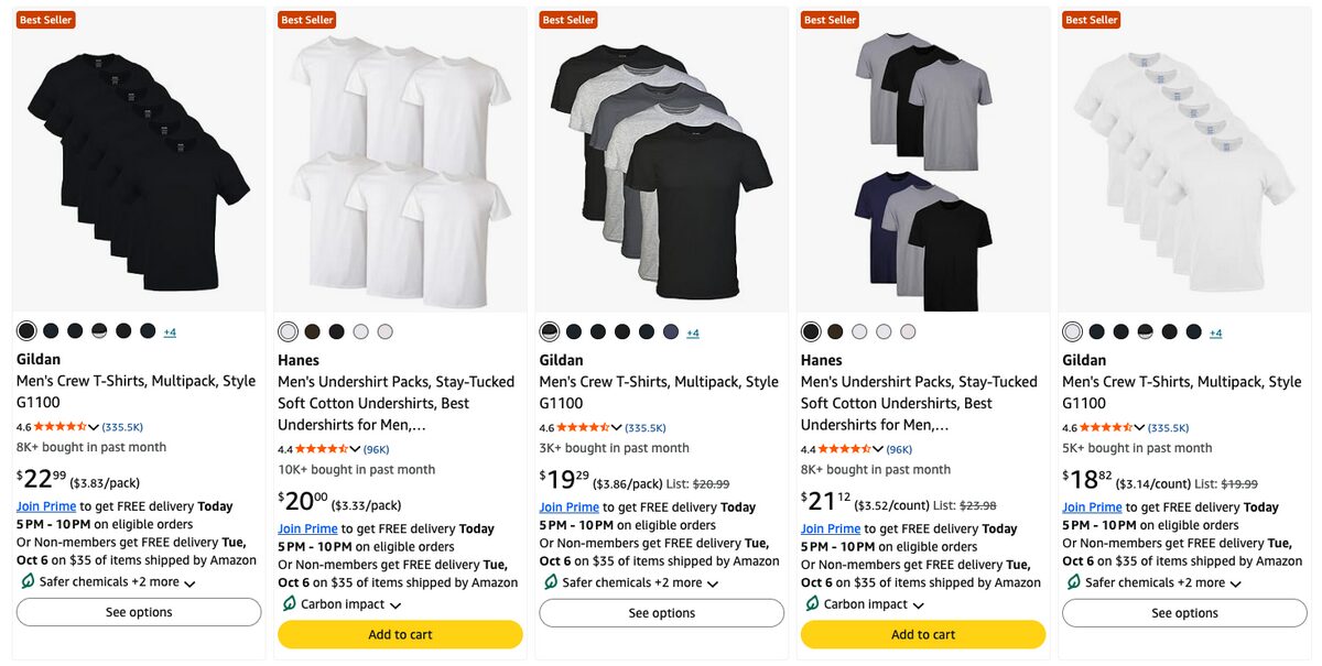 T-shirt results on Amazon for dropshipping