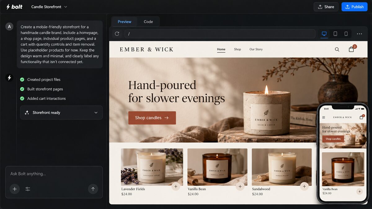Example of Bolt workspace prompting for a candle store
