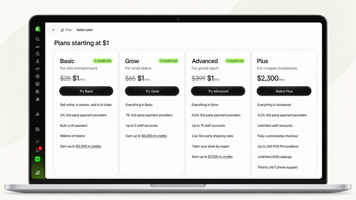 Shopify plan selection showing the $1-per-month introductory offer for Basic, Grow, and Advanced