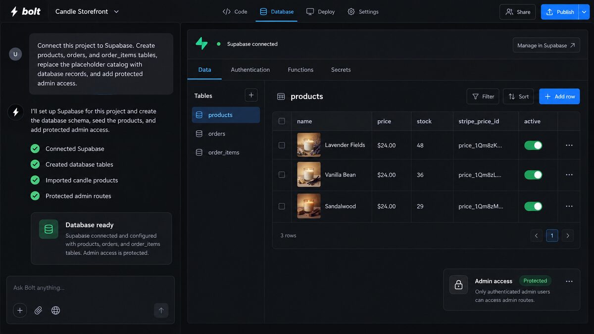 Bolt.new interface connected to Supabase, showing product and order tables for an online candle store.