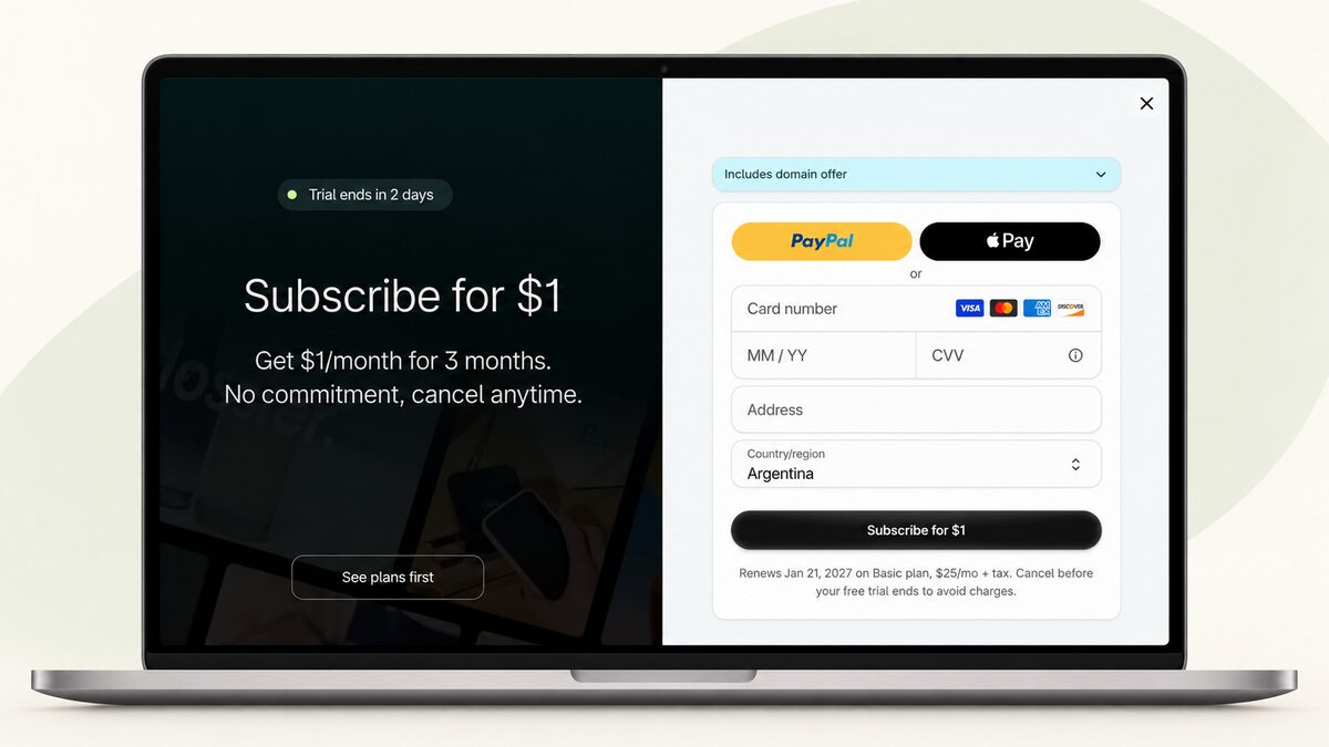 Shopify subscription form showing the $1-per-month offer for three months, payment options, and regional renewal terms