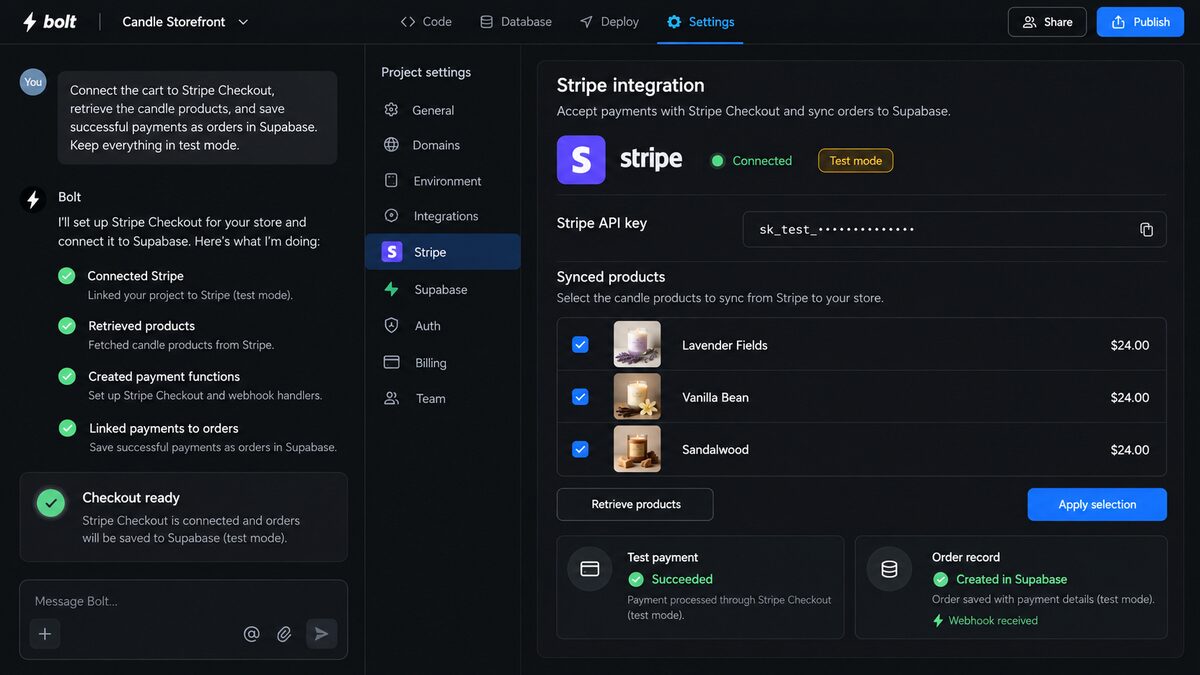 Bolt.new Stripe integration in test mode, showing synced candle products, a successful test payment, and an order created in Supabase.