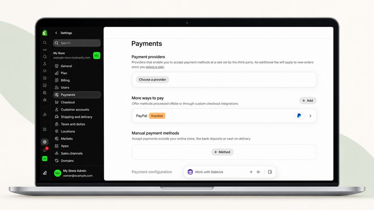 Shopify payment settings showing provider selection, inactive PayPal integration, and manual payment options
