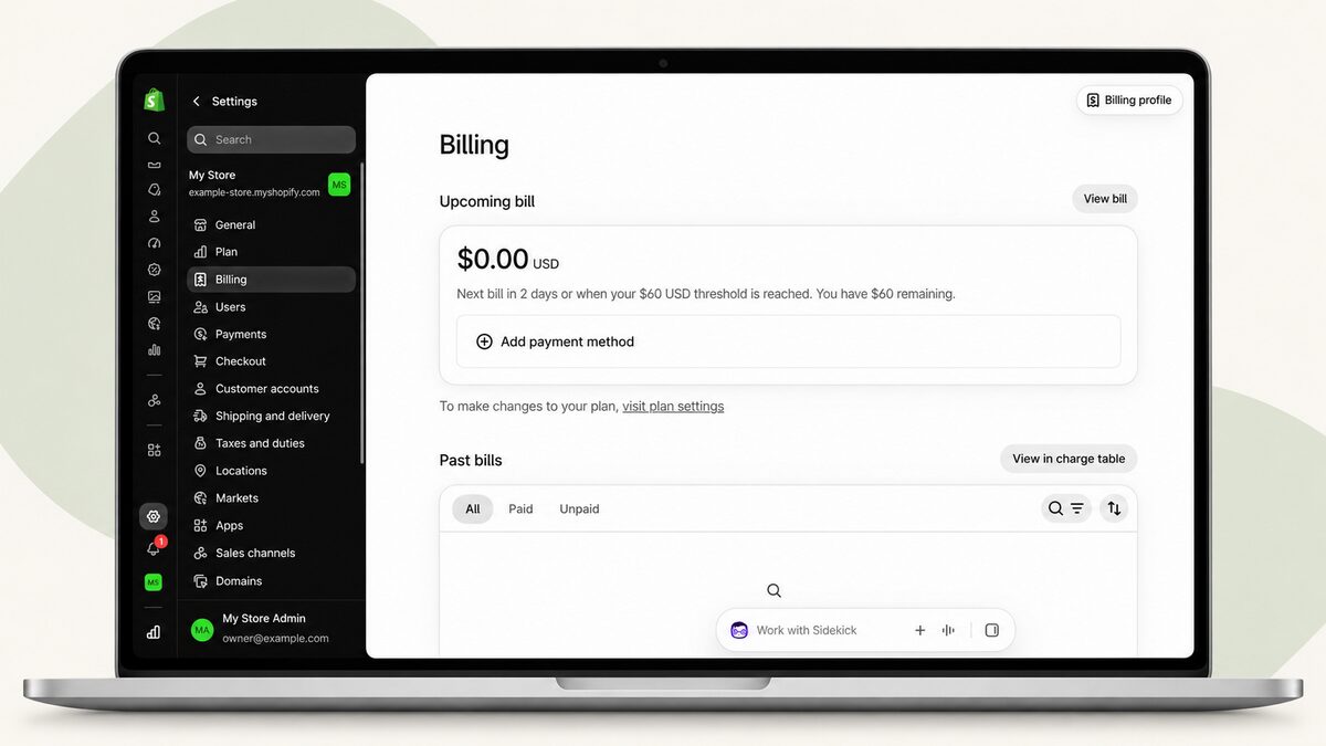 Shopify Billing settings showing a $0 USD upcoming bill during the free trial and where to check the next billing date