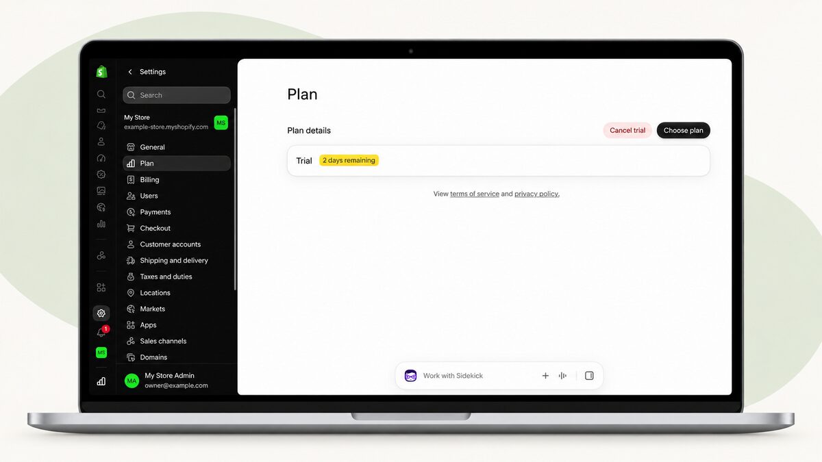 Shopify Plan settings showing two trial days remaining and the options to cancel the trial or choose a plan