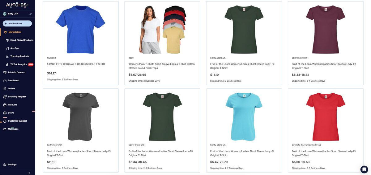AutoDS's Marketplace for t-shirt dropshipping