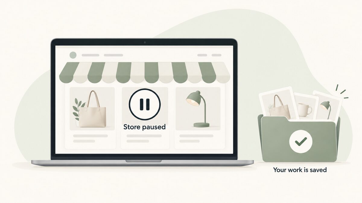 a paused online store with saved products and store content after the Shopify free trial expires