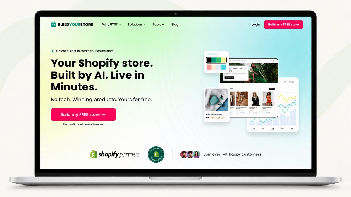 BuildYourStore homepage showing its AI Shopify store builder and the option to build a free store