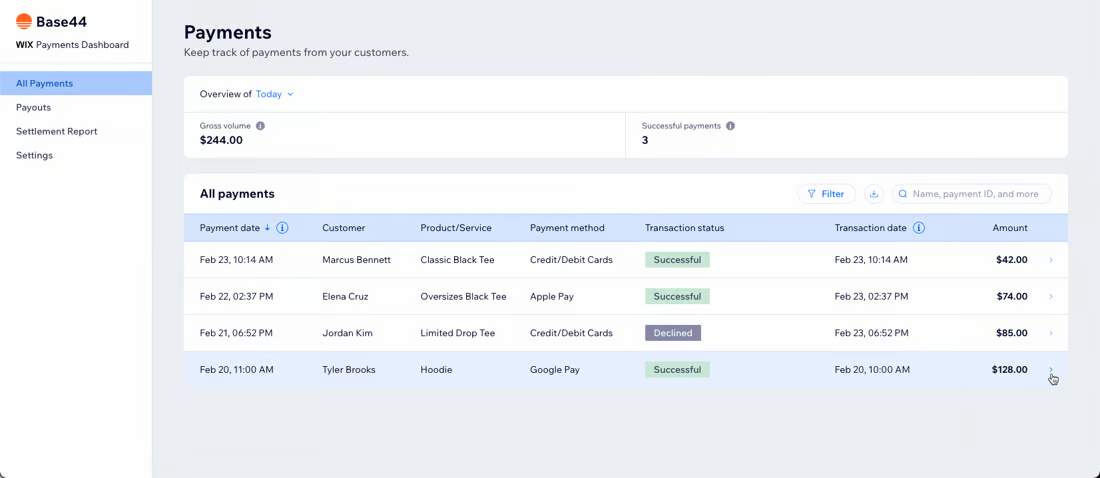 Base44 Payments' dashboard